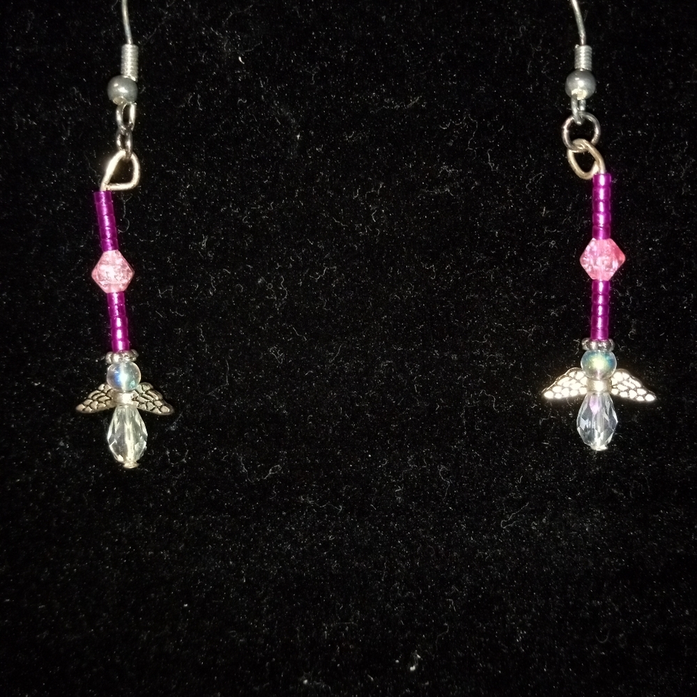 Fushia beads-W/pink and aurora Swarovski crystal Angels on SS ear wires …